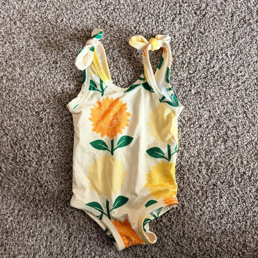 Monica + Andy Baby Girl Sunflower Swimsuit and Sun Hat Set 9-12 Months